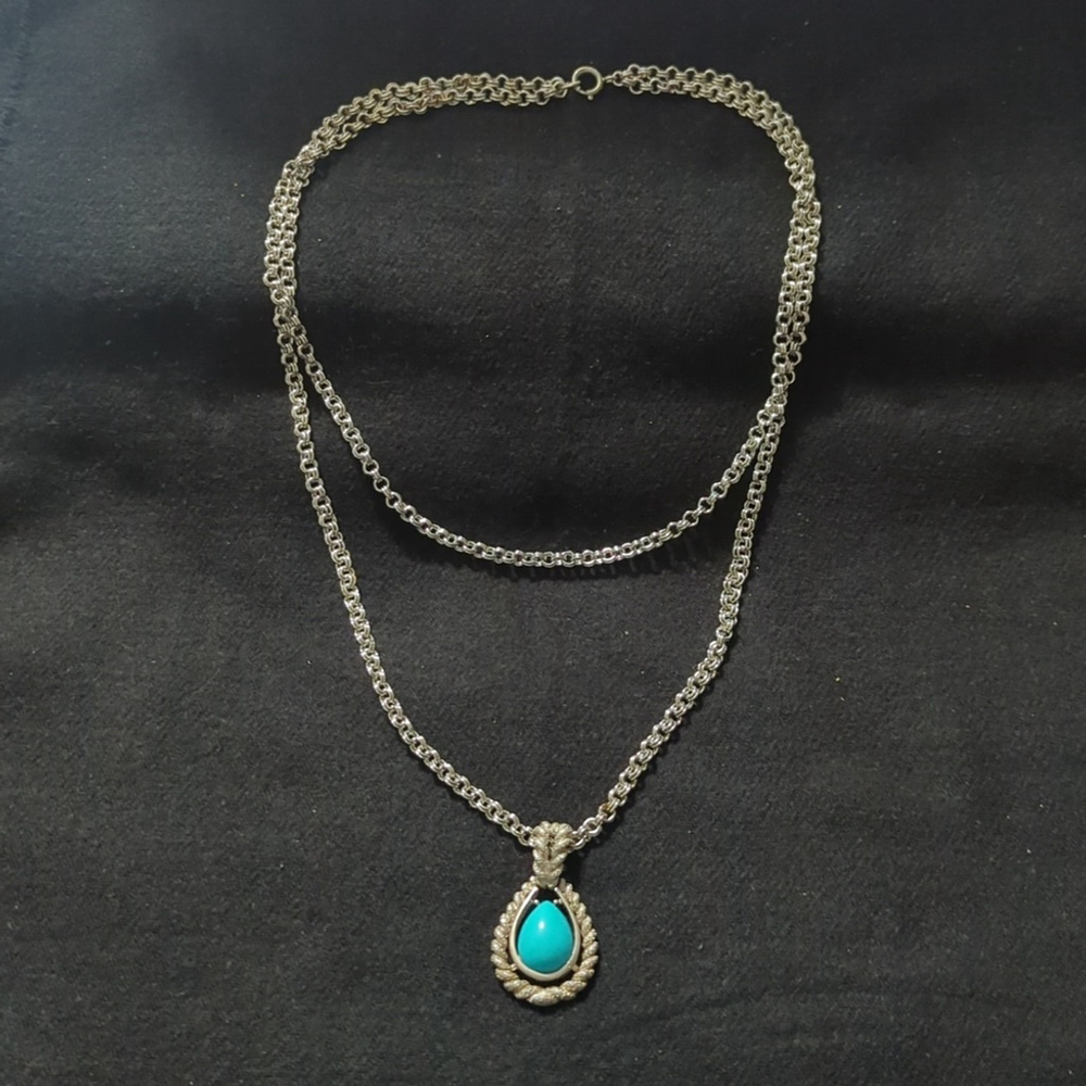Vintage Avon Silver Tone Faux Turquoise Blue Teardrop Double Chain Necklace